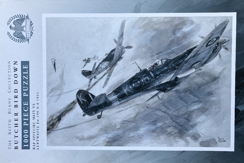 A monochromatic charcoal and ink illustration of a dogfight between an RAF Spitfire and a Luftwaffe Fw 190.