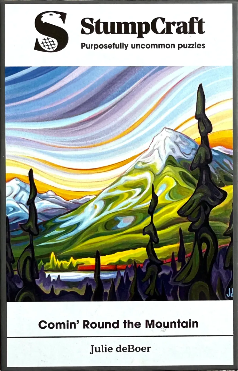 A stylized painting of a train rounding a mountain beneath swirling, colorful skies.