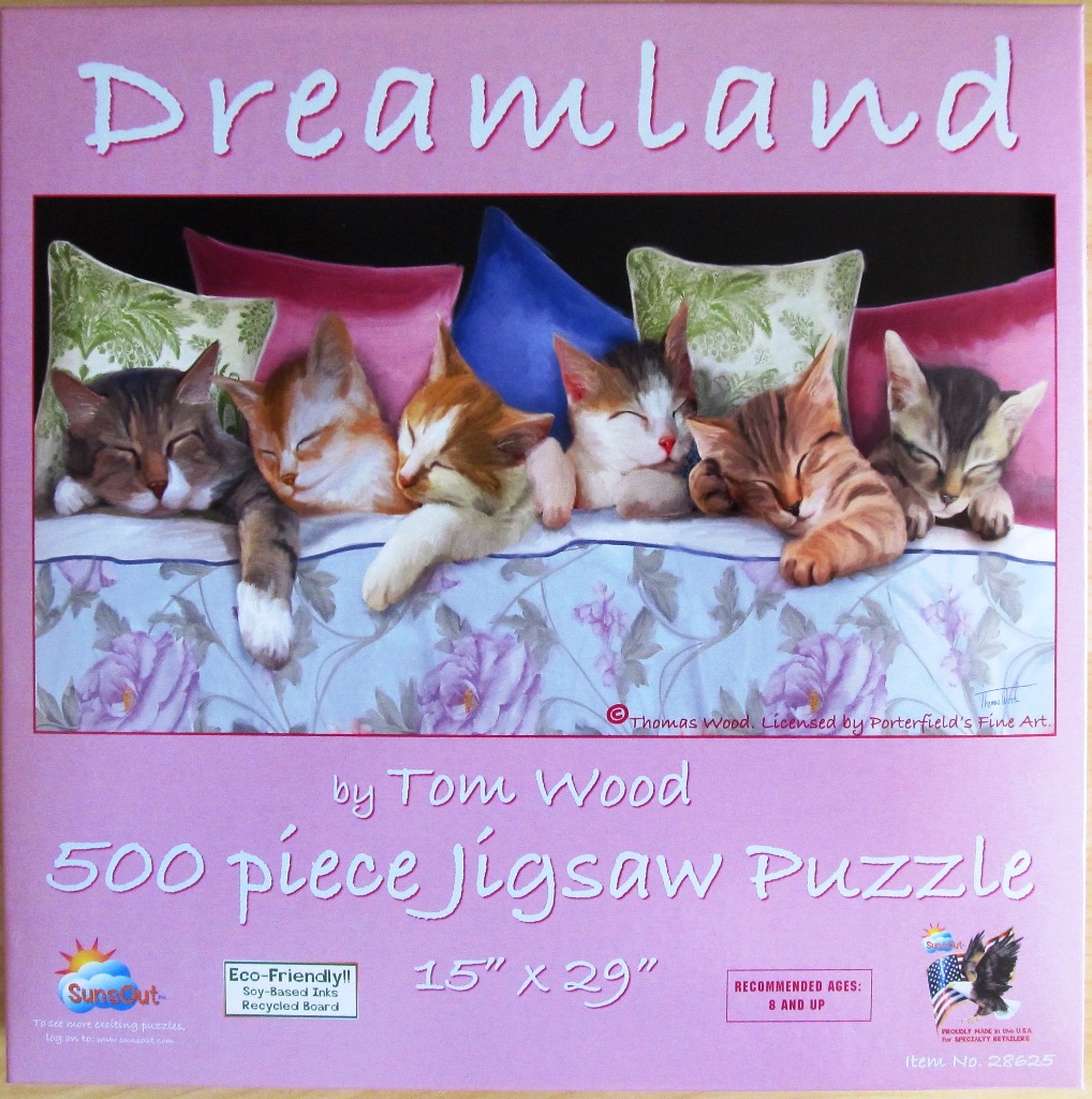 An illustration of six kittens sleeping in a row on a bed with floral pillows and blankets.
