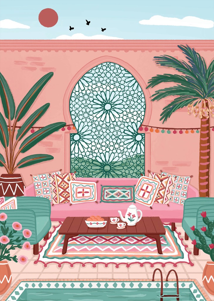 A cozy, stylized living area overlooking a pool with peach walls, patterned cushions, and geometric window details.