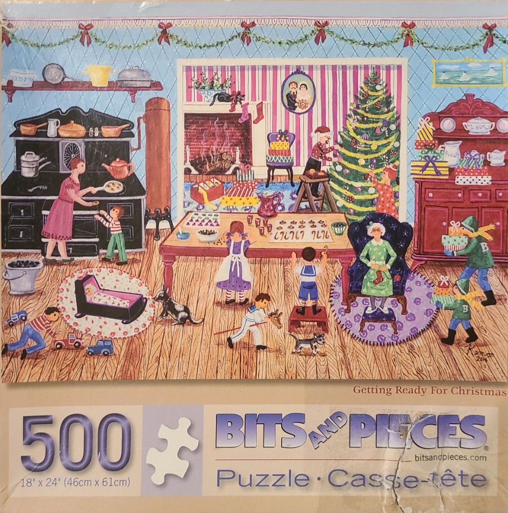 A cartoon illustration of a busy, festive kitchen scene with a family preparing for Christmas.