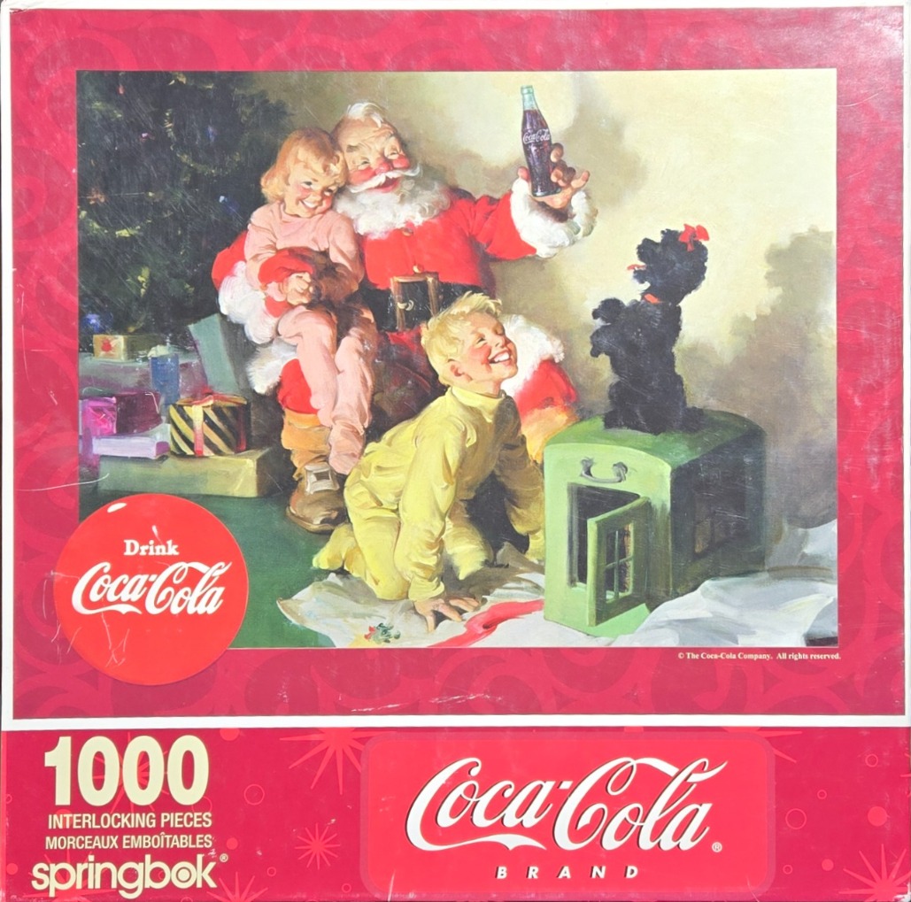 Vintage illustration of Santa Claus with two children and a puppy near a Christmas tree.