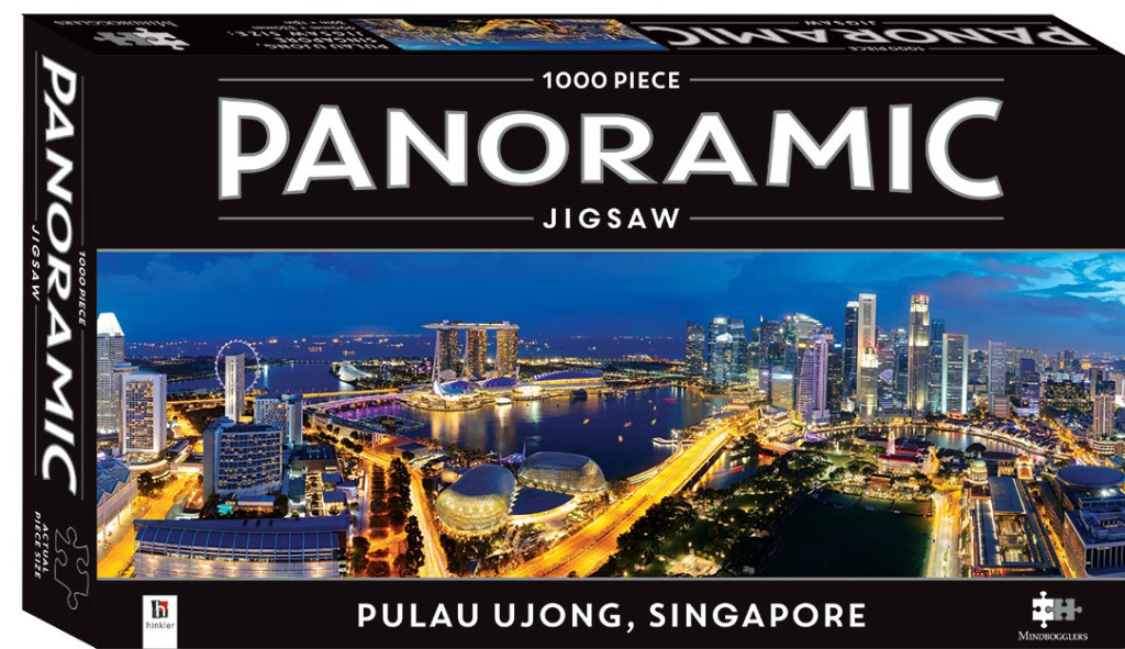 A panoramic twilight view of the Singapore skyline featuring Marina Bay Sands and glowing city lights.