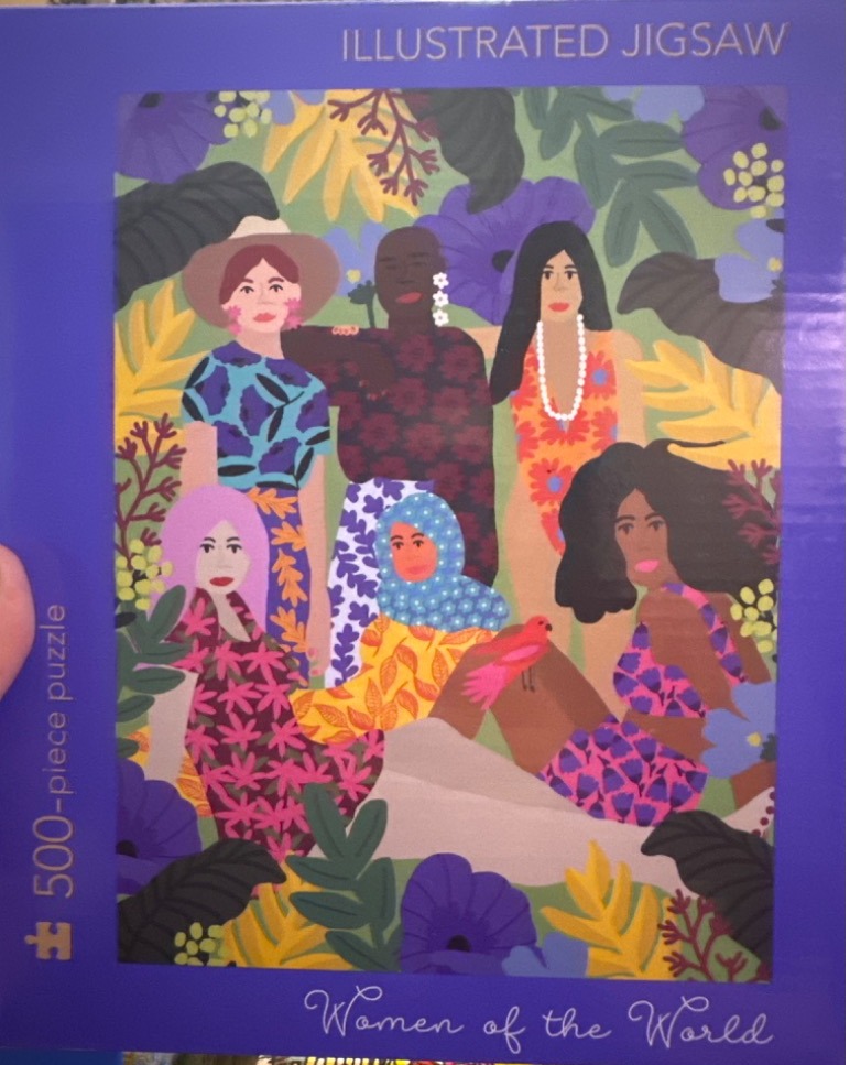 An illustration of six diverse women surrounded by vibrant, patterned tropical foliage and flowers.