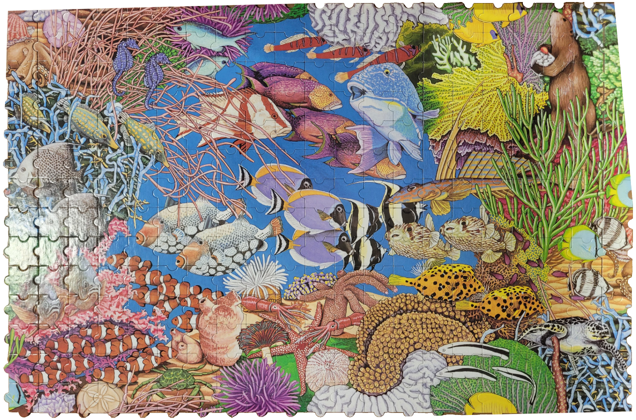 Vibrant, detailed illustration of a bustling coral reef teeming with tropical fish and sea creatures.