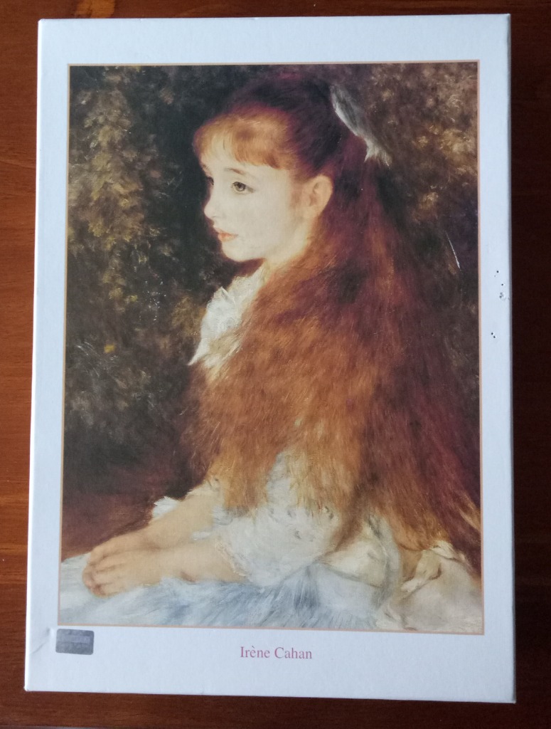 Impressionist-style portrait of a young girl with long reddish-brown hair sitting in profile.