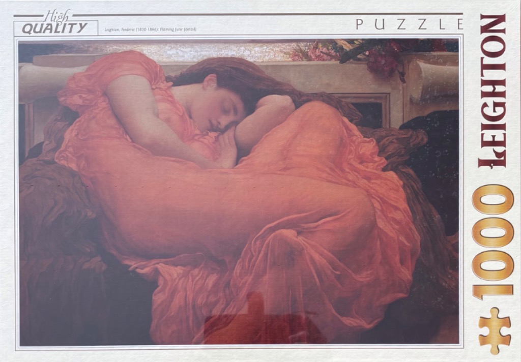 A detail from the painting Flaming June showing a woman in a sheer orange dress sleeping on a curved bench.
