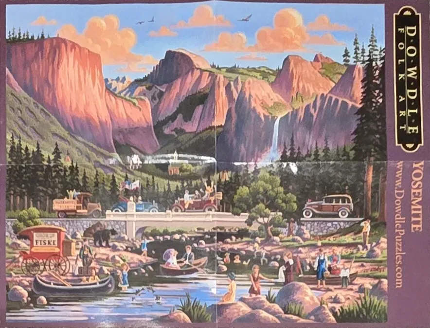 A whimsical folk art painting of a summer day at Yosemite, with vintage cars on a bridge and people enjoying the river.