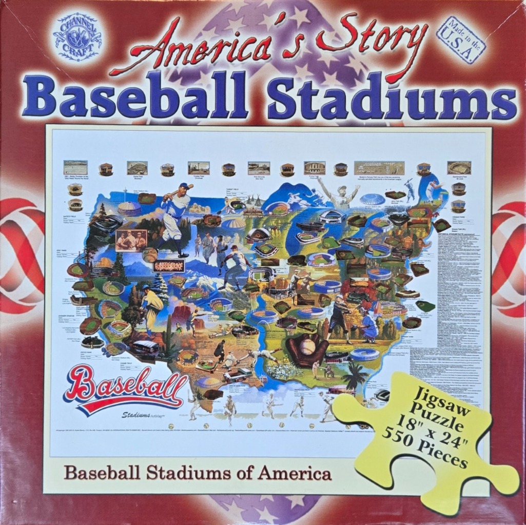A map of the United States illustrated with various baseball stadiums and players across the country.