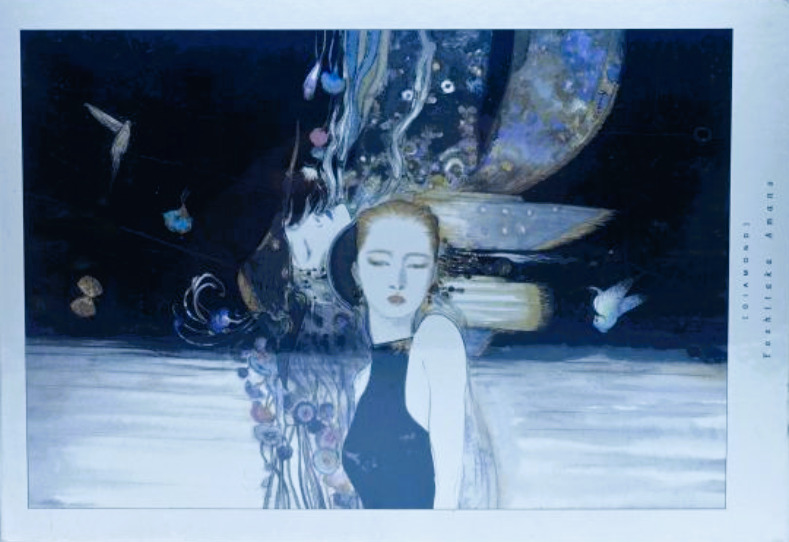 A surreal illustration of a woman in a dark sleeveless dress against a cosmic, deep-blue background.