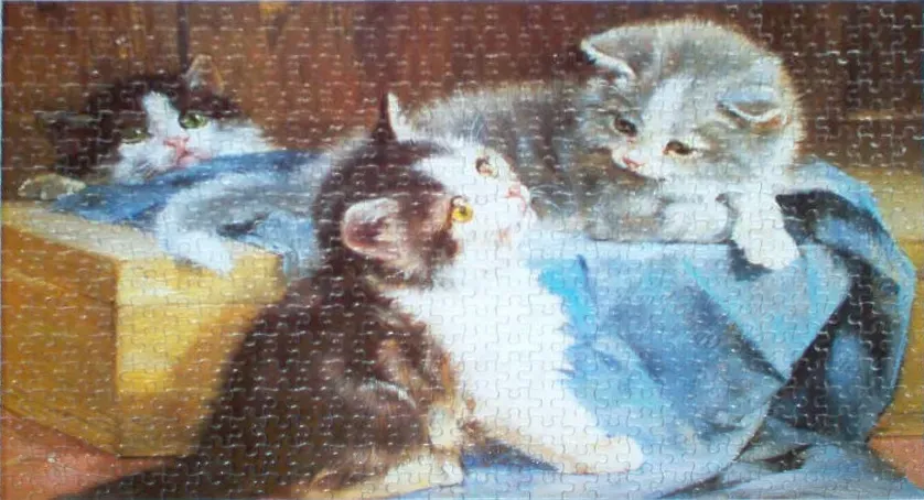 Three kittens playing in a wooden crate with a blue cloth.