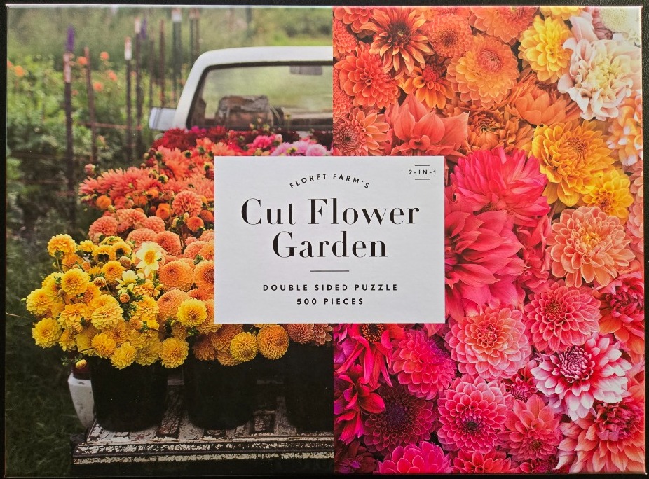 A split-screen composition featuring a field truck filled with yellow and orange dahlias and a vibrant close-up of flowers.