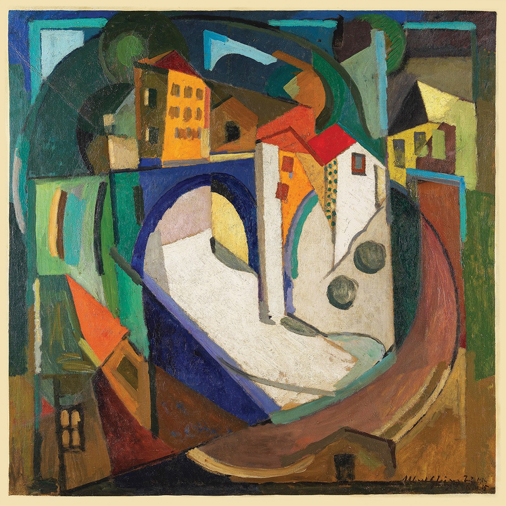 Abstract geometric painting of a town bridge and buildings in cubist style with vibrant, contrasting colors.