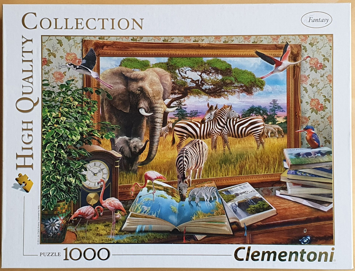 Surreal illustration of a savanna landscape framed within an indoor room, featuring African animals and nature books.