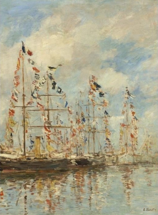 An impressionist painting of multiple tall ships in a harbor decorated with colorful signal flags.