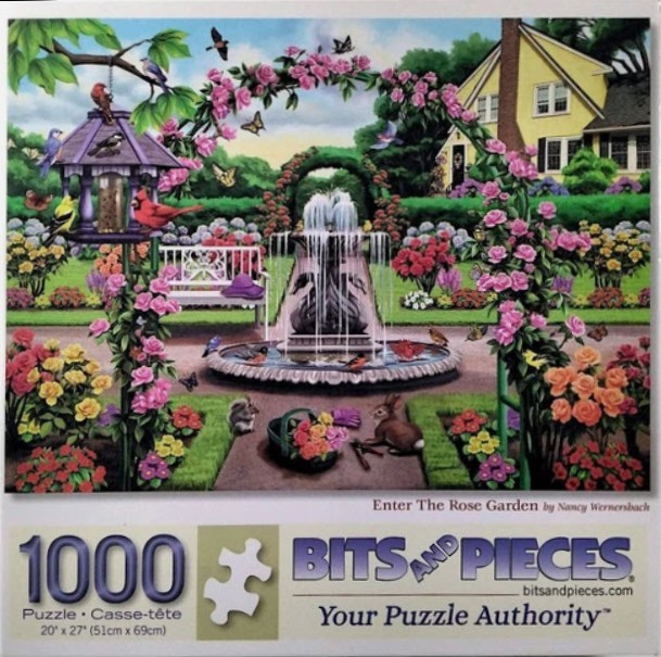A lush rose garden scene with a central water fountain, a yellow house in the background, birds, and small animals.