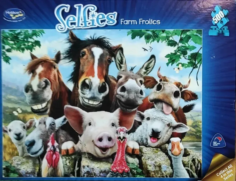 A humorous illustration of a group of farm animals posing for a selfie in front of a stone wall.