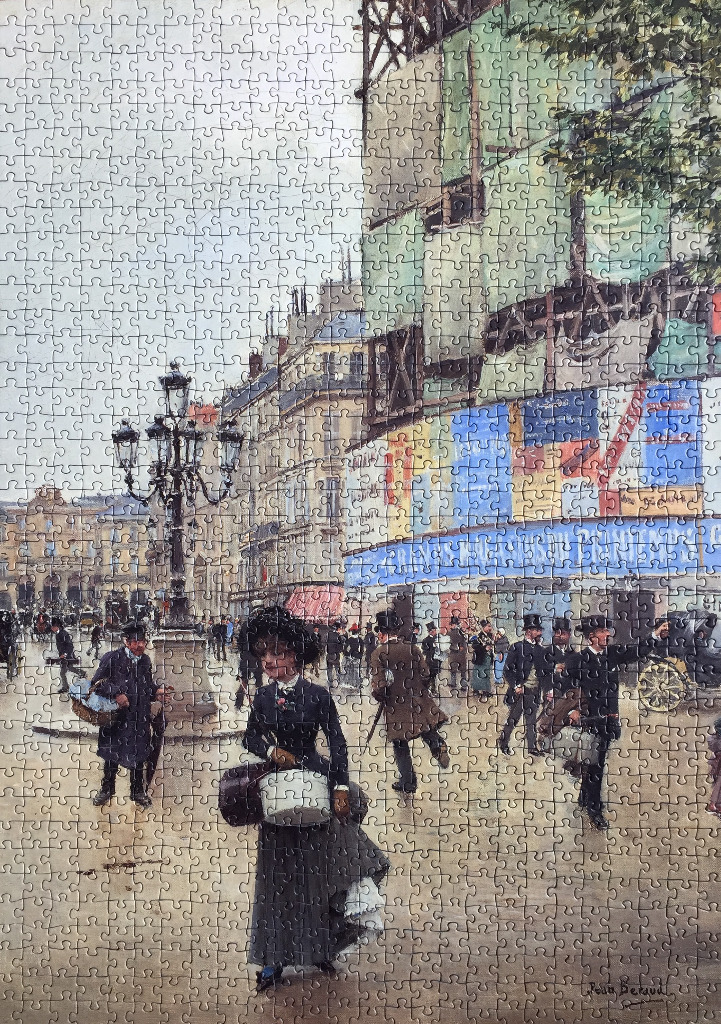 An Impressionist painting of a busy Paris street scene featuring a woman walking with a basket and top-hatted men.