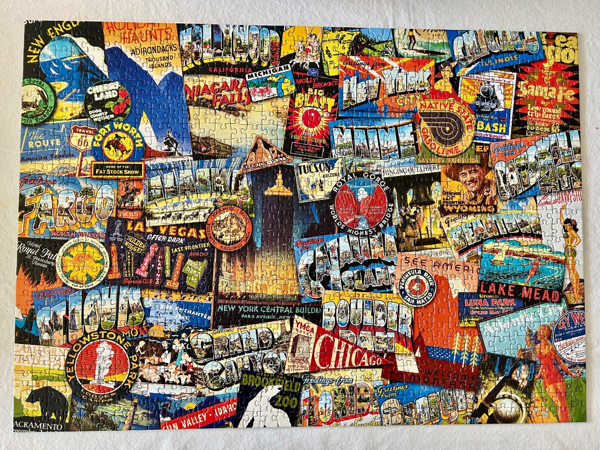 A collage of vintage American travel postcards and souvenir stickers from various states and landmarks.