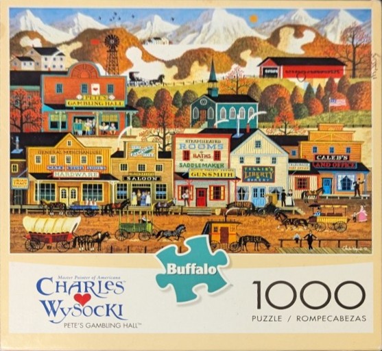 Folk art style painting of a bustling 19th-century American frontier town with a mountain range in the background.