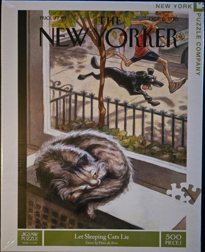 An illustration of a fluffy cat sleeping on a windowsill while a man and his dog run past on the sidewalk outside.