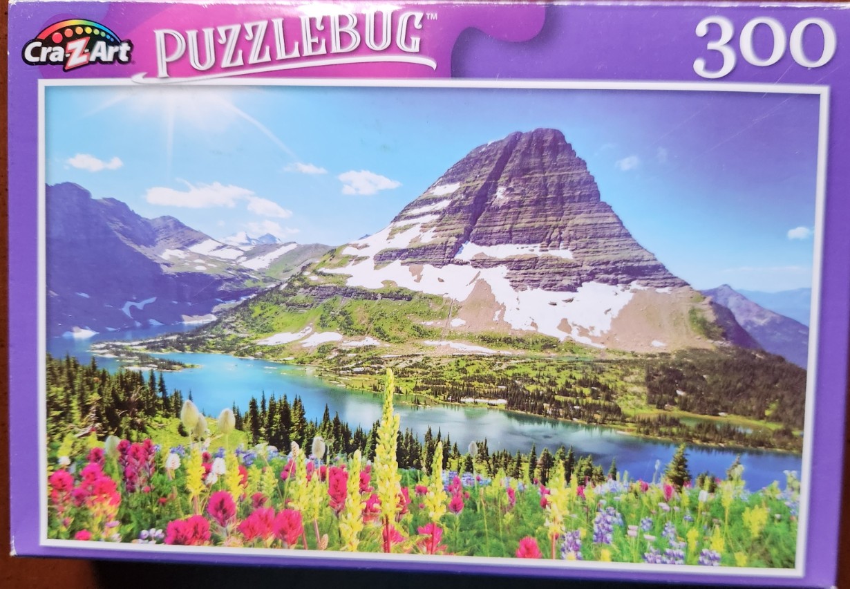 A scenic photograph of a majestic mountain reflected in a clear blue lake with a foreground of wildflowers.