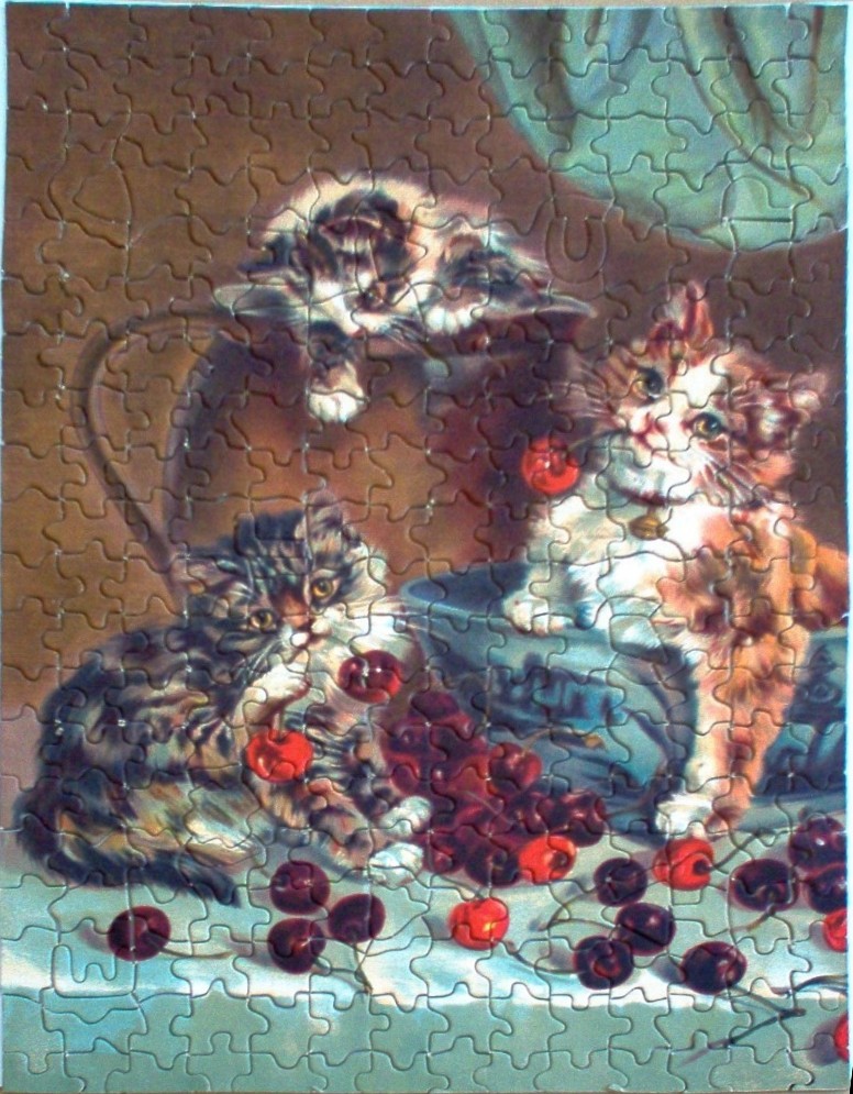 Three fluffy kittens playing with a bowl of cherries in a vintage-style illustration.