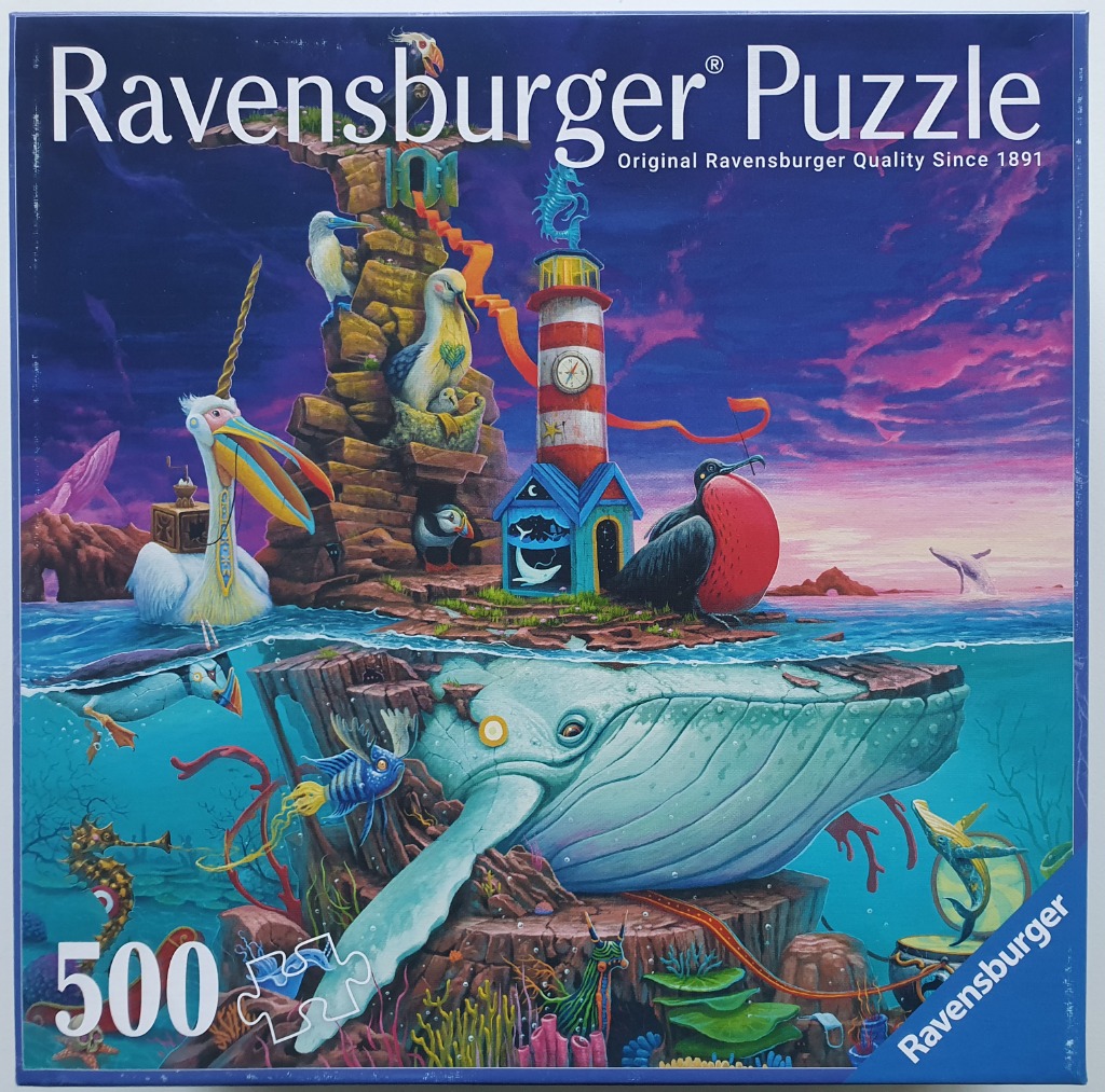 Whimsical fantasy scene featuring a giant whale carrying a coastal island with a lighthouse and seabirds at sunset.