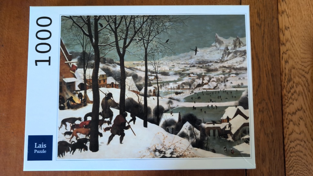A classic oil painting of a winter village scene with hunters and dogs returning through the snow.