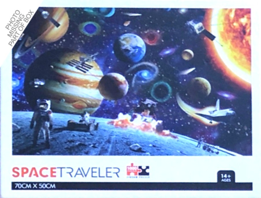 An astronaut stands on the surface of a moon, looking out at a vibrant space scene filled with planets and spacecraft.