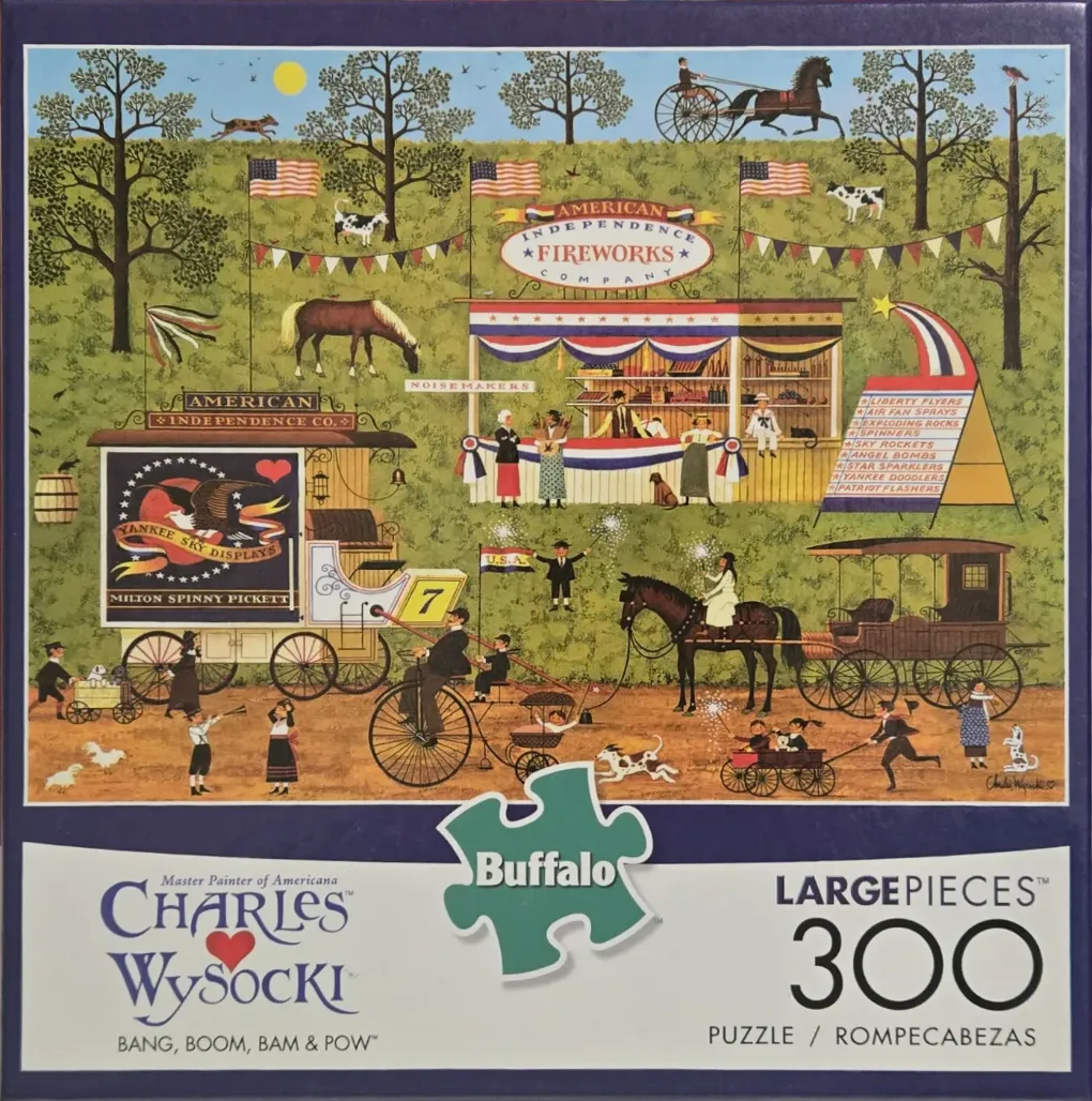 Folk art illustration of a 19th-century fireworks stand with horses, carriages, and townspeople in a park setting.
