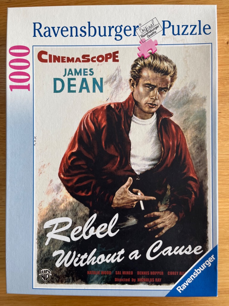 A painted portrait of James Dean in a red jacket, from the movie Rebel Without a Cause.