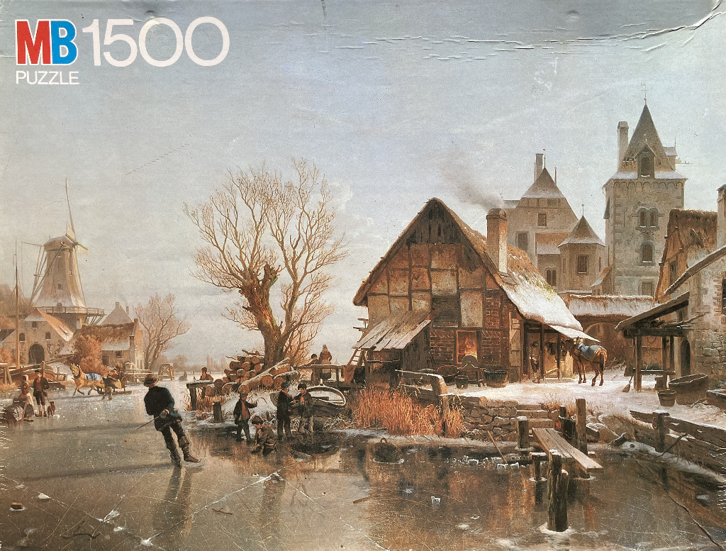 A 19th-century oil painting of a winter village scene with people ice skating on a frozen canal.