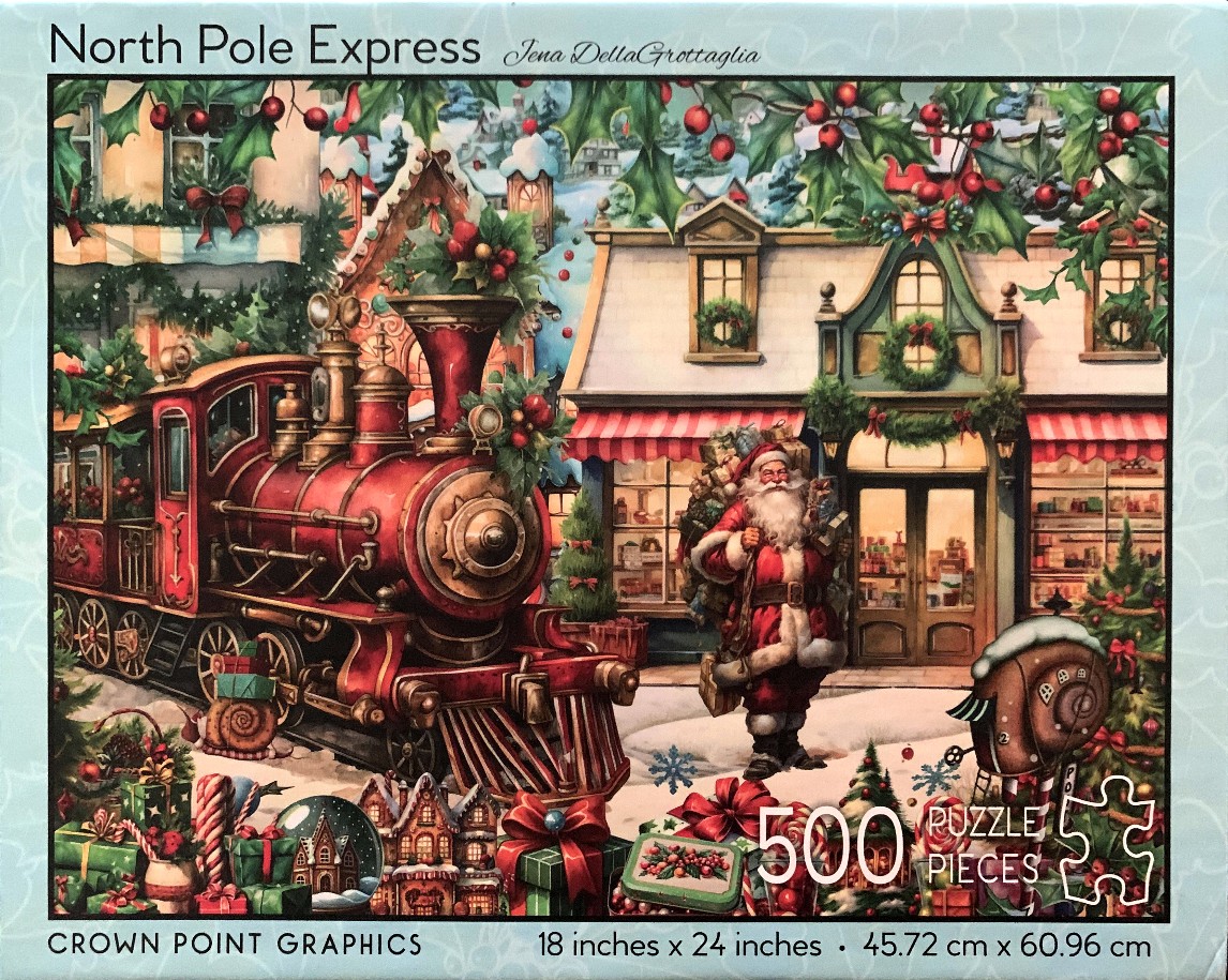 An illustration of Santa Claus standing in front of a red vintage train and a festive village shop.