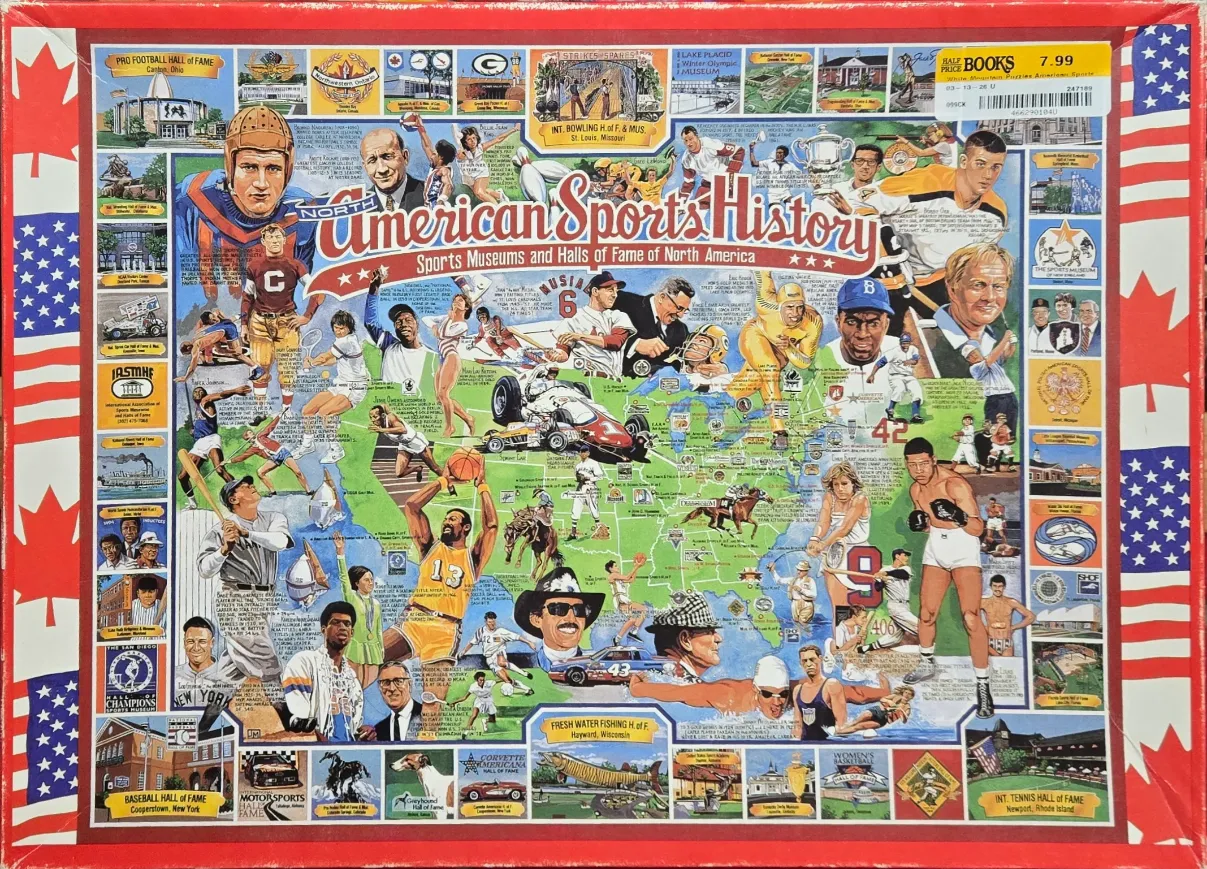 A collage map illustration titled North American Sports History featuring famous athletes, racing, and sports venues.
