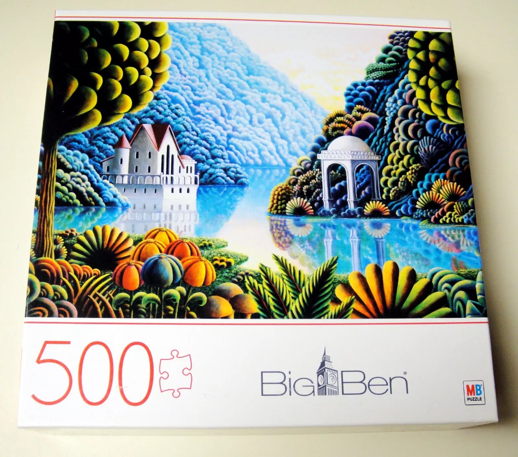 Surreal landscape featuring a white villa and a domed pavilion nestled among stylized, vibrantly colored foliage.