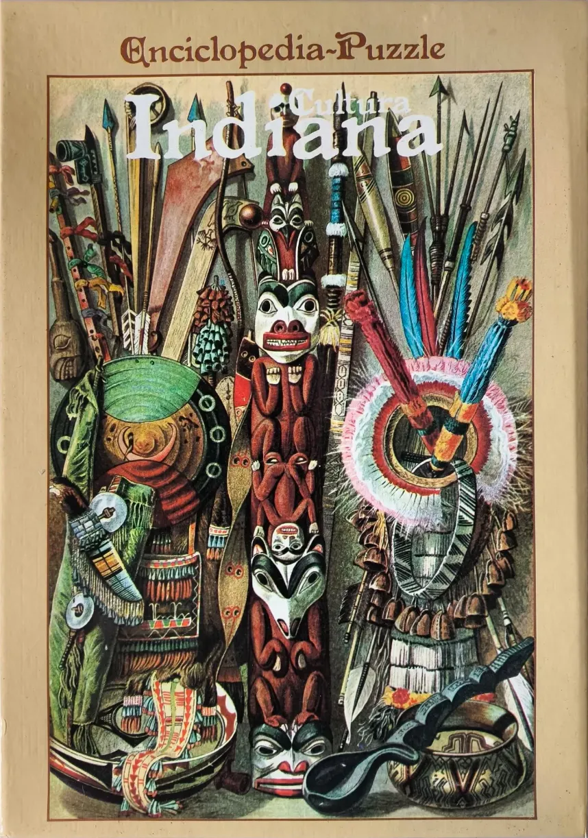 A detailed illustration of Native American artifacts including a totem pole, feathered headdress, and various weapons.