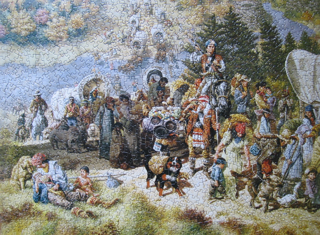 Illustration of a pioneer wagon train traveling through a wooded landscape.