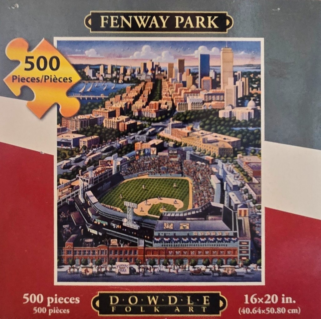Folk art style painting of Fenway Park with the Boston skyline in the background.