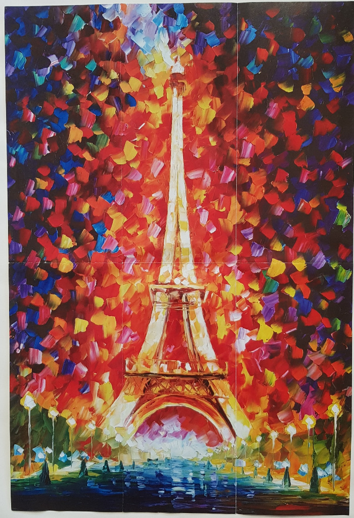 An impressionist oil painting of the Eiffel Tower set against a vibrant, multi-colored sky.