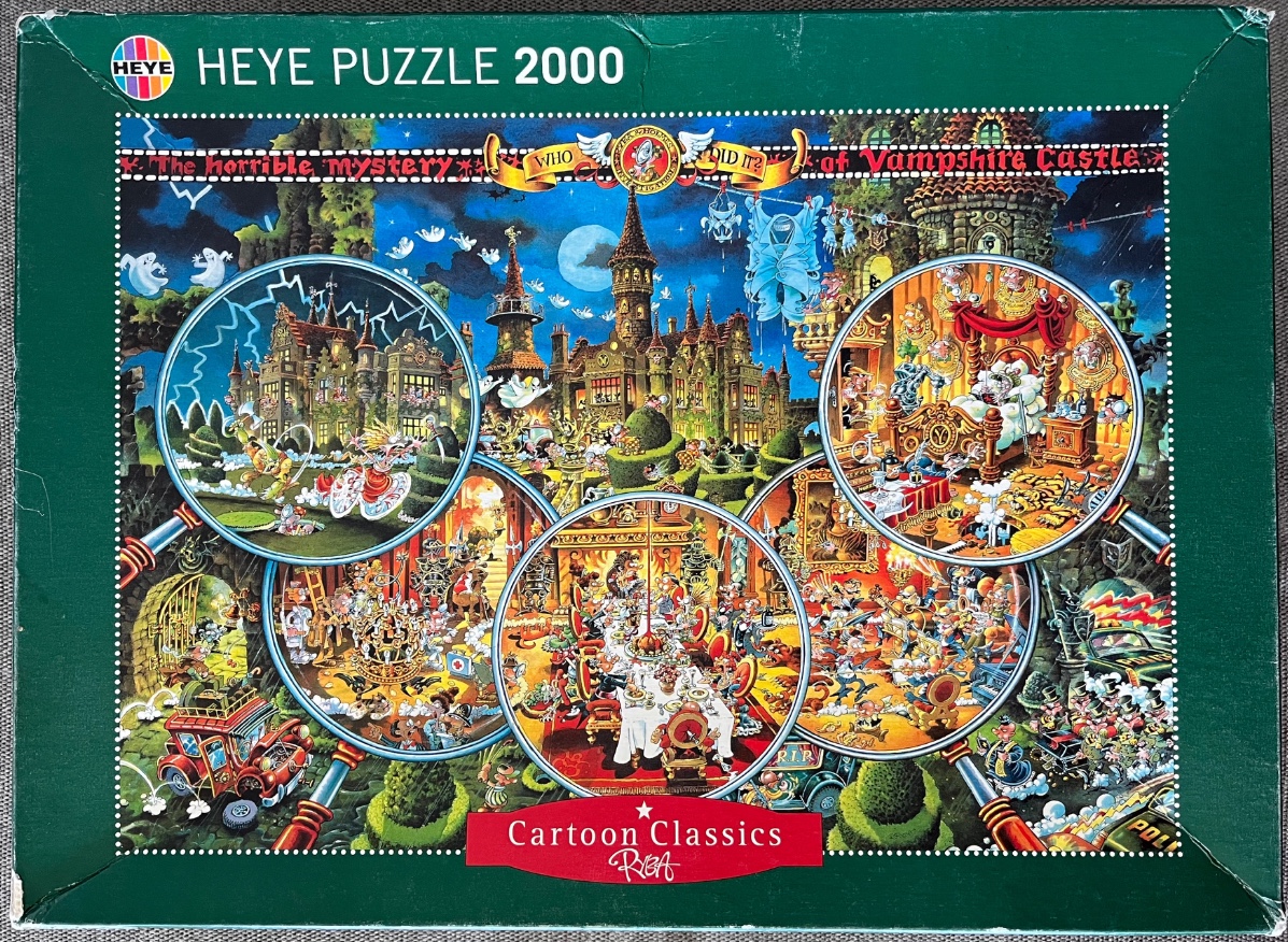 A cartoon illustration of a spooky castle scene viewed through four overlapping magnifying glasses.