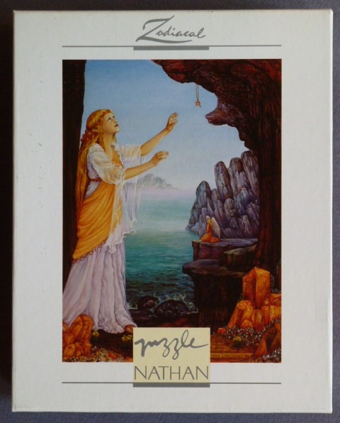 A fantasy illustration of a blonde woman in robes reaching toward a golden Scorpio symbol hanging in a coastal cavern.