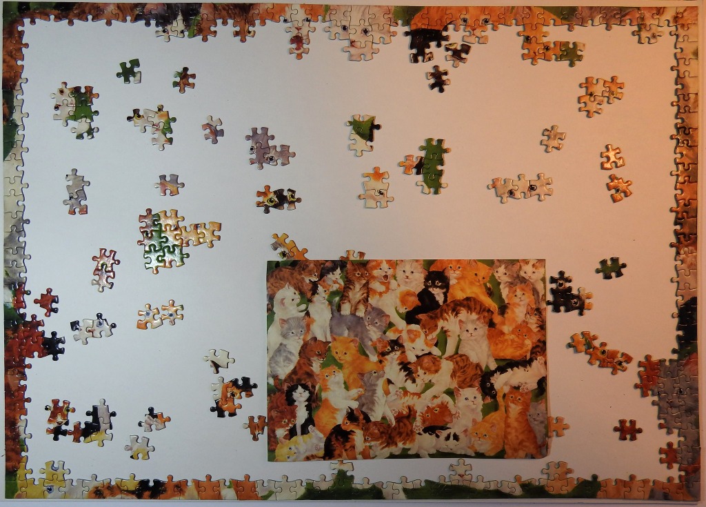 A partially assembled image of many kittens with loose pieces scattered on a white background.