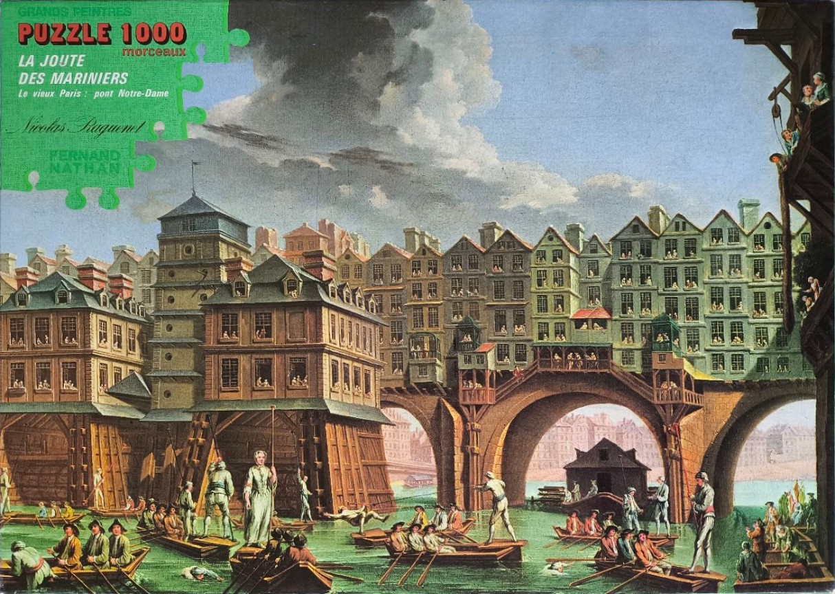 Historical painting of a jousting competition on the Seine River in front of the Pont Notre-Dame in Paris.