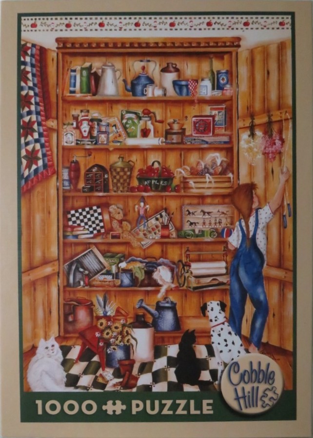 A girl in overalls reaching into a rustic wooden pantry filled with kitchen items, toys, and pets.