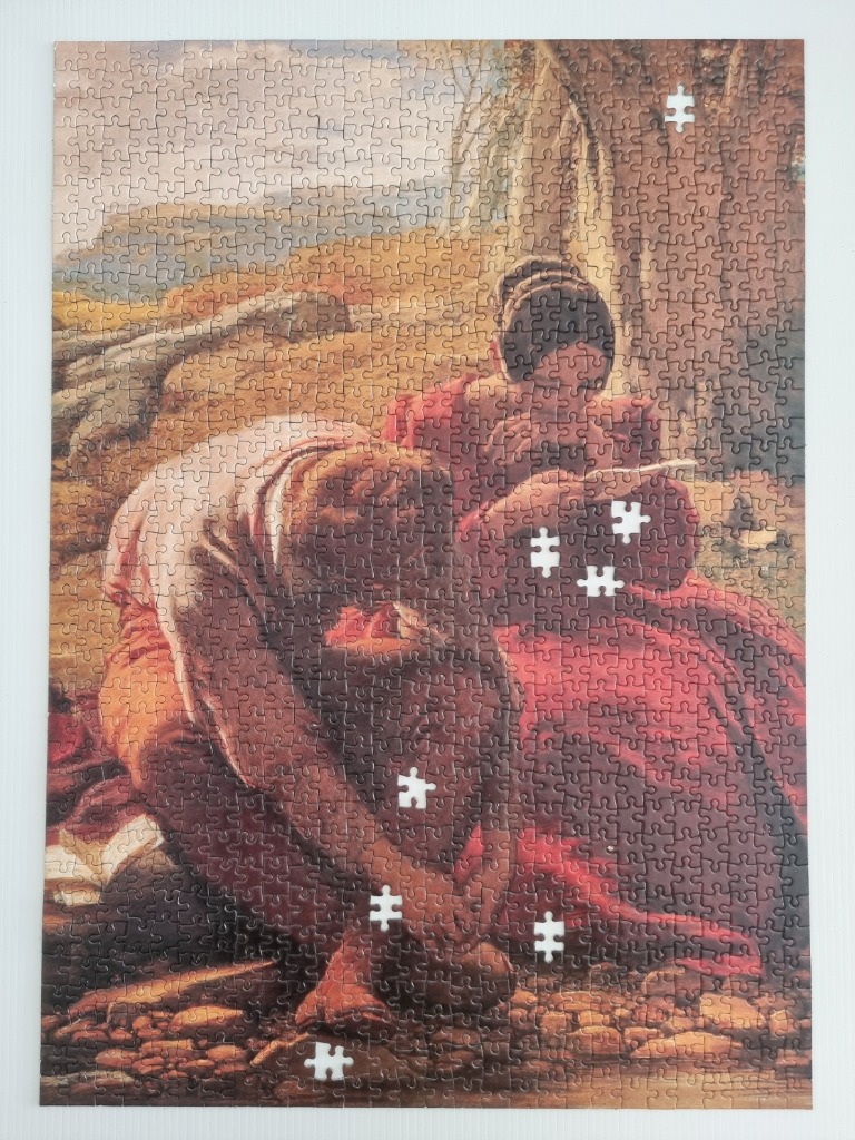 An oil painting of a man and woman in historical clothing resting in a natural landscape.