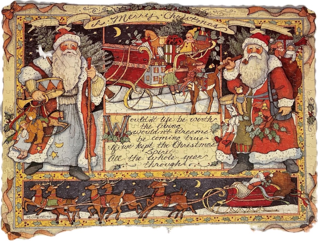 Vintage-style illustration featuring two Santas, a sleigh, reindeer, and an inspirational Christmas message.