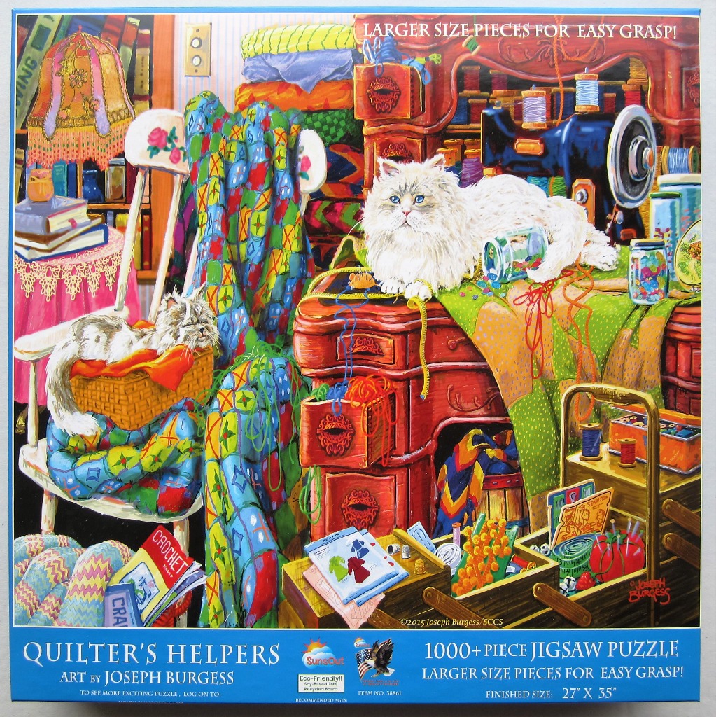 A cozy, vibrant art illustration of two fluffy white cats in a cluttered sewing and quilting studio.
