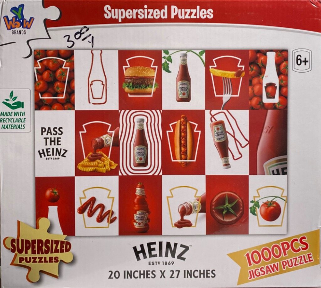 A grid of fifteen squares featuring Heinz ketchup bottles, tomatoes, and food items like burgers and fries.