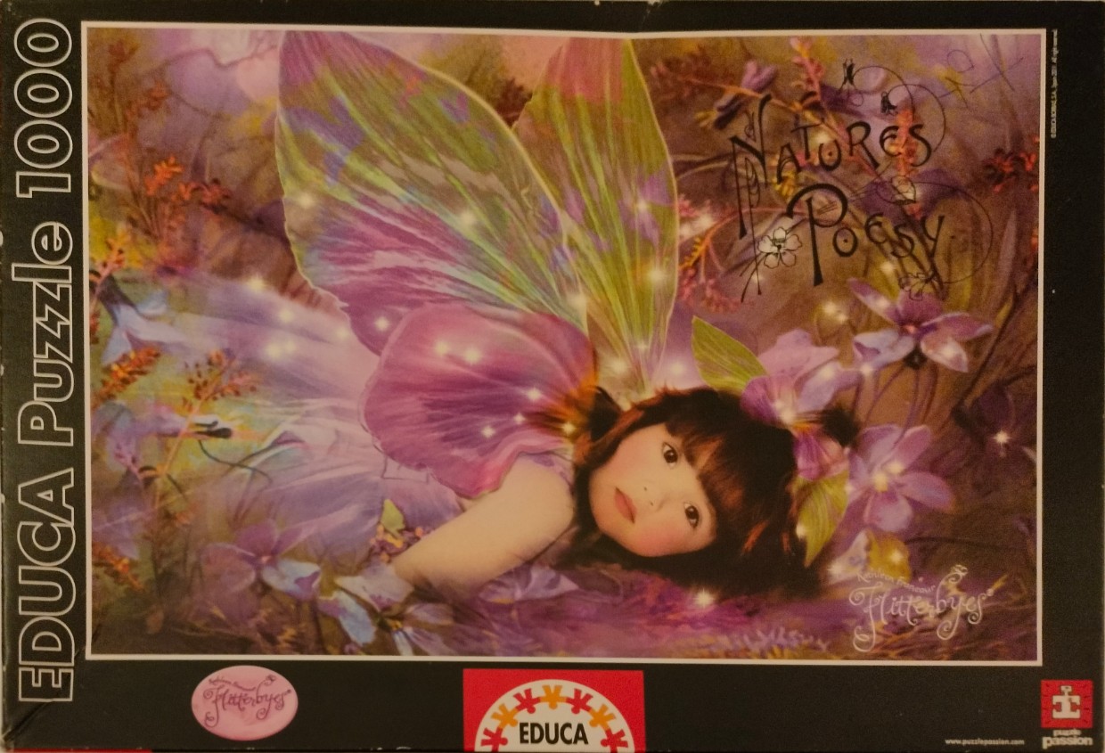 A digital painting of a young girl with large, shimmering purple fairy wings resting among flowers.